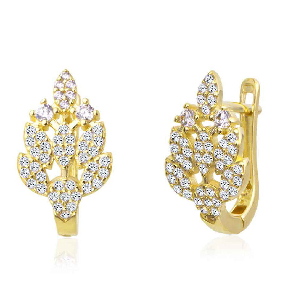 Taşlı Yaprak Altın J Küpe - 0001478