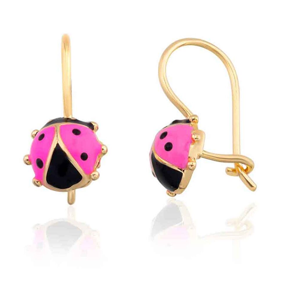 Pembe Uğur Böceği Altın  Çocuk Küpe - 0040425