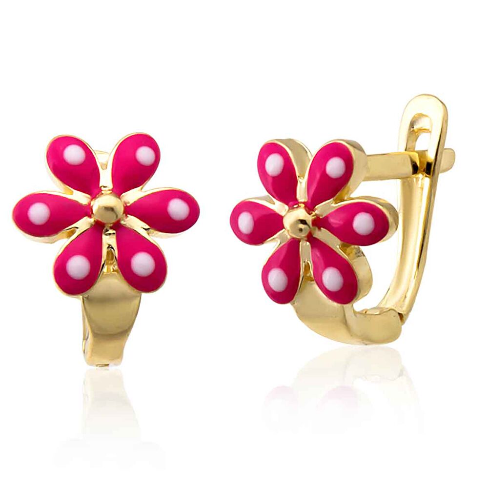 Pembe Çiçek Detaylı  Altın Çocuk Küpe - 0040427