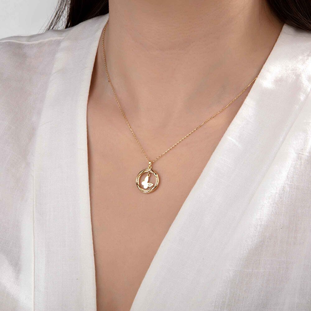 Altın Taş Detaylı Kelebek Kolye - 0001595
